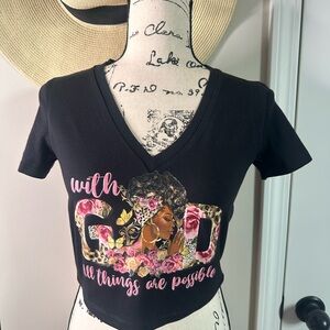 Women’s Black V-Neck Graphic Tee — With God Floral Design